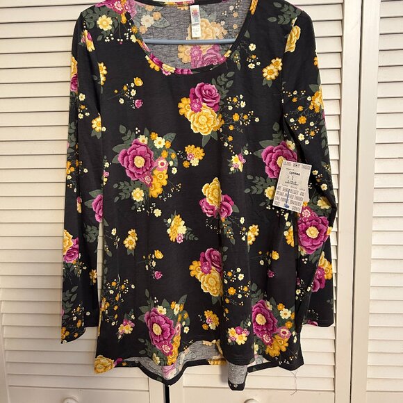 Brand new LulaRoe Lynnae style top; Size:L; Color: black w/pink & yellow roses - Picture 1 of 7